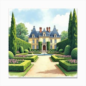 French Château Garden In Watercolor With Elegant Topiary And Formal Landscaping 1 Canvas Print