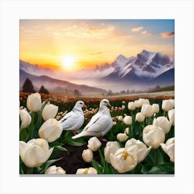 Doves In White Tulips Canvas Print