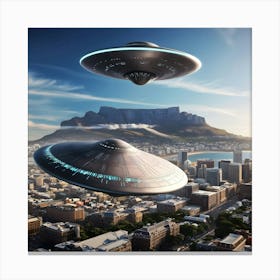 A Breathtakingly Detailed Illustration Of 2 Colossal UFO's Near Table Mountain Canvas Print