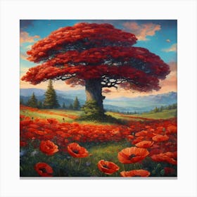 Poppy Field With A Pine Tree Growing In The Middle (1) (1) Canvas Print