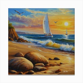 Oil painting design on canvas. Sandy beach rocks. Waves. Sailboat. Seagulls. The sun before sunset.12 Canvas Print