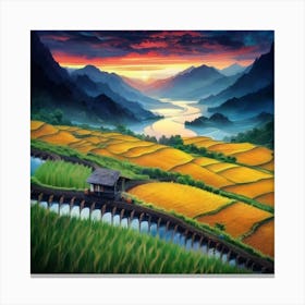 Beautiful views of rice fields, close to the river and surrounded by mountains, 22 Canvas Print