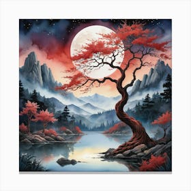 Red Tree By The Lake Canvas Print