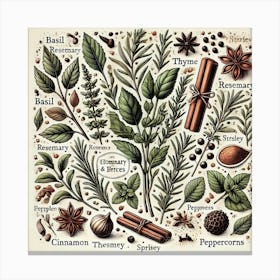 Herbs & Spices Culinary Printed Art A Beautiful Illustration Of Culinary Herbs And Spices, Perfect For Adding A Warm And Aromatic Touch To Any Restaurant Space Printed Art Canvas Print