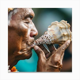 Hawaiian Man Blowing A Shell Canvas Print