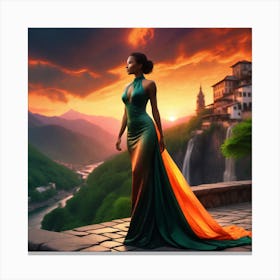 Beautiful Woman In Green Dress At Sunset Canvas Print
