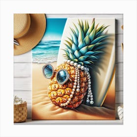 Beach Vibes Meets Pearl Earrings: A Bright and Realistic Painting of a Pineapple with a Straw Hat on a Surfboard Canvas Print