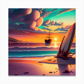 Beach scene, sailing ship in the middle of the sea Canvas Print