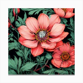 Red Anemones On Black Background, Illustrate A Close Up Of A Blooming Flower With Intricate Canvas Print