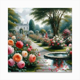 Rose Garden With The Fountain, Acrylic Style Painting 3 Canvas Print