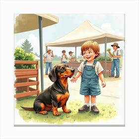 Watercolor Of A Dachshund And Child At A Farmer’S Market 1 Canvas Print