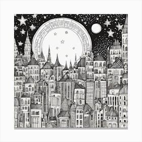 Cityscape With Moon And Stars Canvas Print
