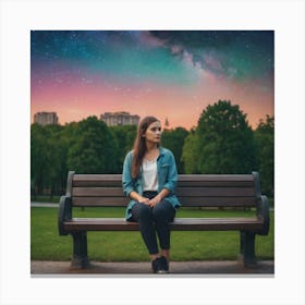 A Girl Is Sitting On Bench In A Park Canvas Print