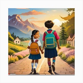 Two Children Walking Down A Road Canvas Print
