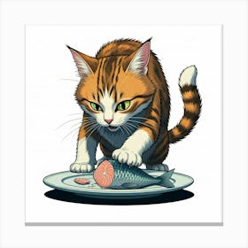 Cat Eating Fish Canvas Print