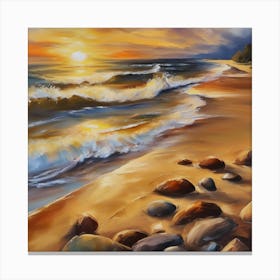 The sea. Beach waves. Beach sand and rocks. Sunset over the sea. Oil on canvas artwork.12 Canvas Print