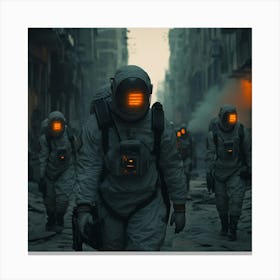 A Look At A Futuristic Post Nuclear Landscape, Partially Damaged Cities And Abandoned Buildings, A Team Of Professionals In High Tech And Stylish, Lightweight Radiation Suits, Led Indicators, Masks With Integrated Filters And Sensors 1 Canvas Print