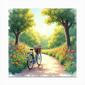 Elegant Bike Through A Sunlit Garden Watercolor Scene 1 Canvas Print