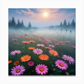 Watercolor Painting Colorful Field Of Vibrant Pink Flowers Canvas Print