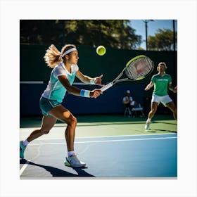 Tennis Match Captured In Mid Action Players Frozen Mid Swing With Rackets Poised To Strike Sunligh (4) Canvas Print