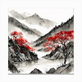 Chinese Landscape Mountains Ink Painting (61) Canvas Print