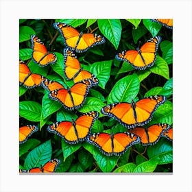 Monarch Butterflies On Green Leaves Canvas Print
