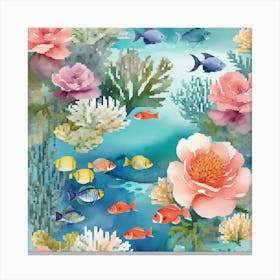 Peaceful Retreat Combine, Featuring Soft Watercolor Florals In Pastel Shades With C, COLOR FISHES, SEA ART, Under The Sea, Seamless Pattern With Corals And Fish Canvas Print