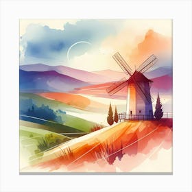 Watercolor Landscape With Windmill Canvas Print