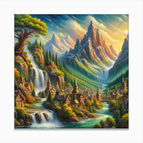 Fantasy Inspired Acrylic Painting Of A Whimsical Village Nestled Among Towering Mountains And Cascading Waterfalls, Style Fantasy Art 3 Canvas Print