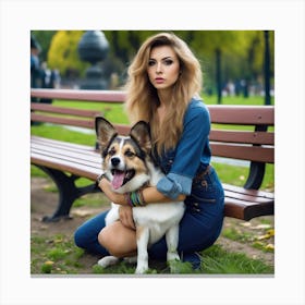 Beautiful Woman With Dog In Park Canvas Print