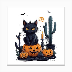 Black Cat Halloween Pumpkins Canvas Print