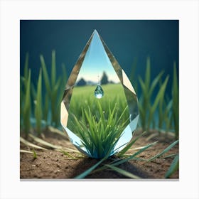 A Crystal Clear, Diamond Shaped Prism Encases A Single Blade Of Grass And A Levitating Water Droplet, Set Against A Backdrop Of A Green Field And Blue Sky Canvas Print