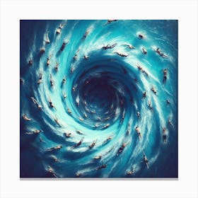 End Of The World - A group of people swimming in a pool, but the water is not clear and blue, it is a swirling vortex of colors and shapes. The swimmers themselves are distorted and elongated, as if they are being pulled into the vortex. The scene is captured from a bird\'s-eye view, giving the viewer a sense of scale and perspective. Canvas Print