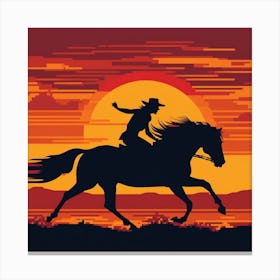 Cowgirl Riding A Mustang At Sun Dawn - Minimal Color Pixel Art Illustration Canvas Print