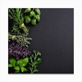 Fresh Herbs On Black Background Canvas Print