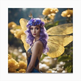 Full Body Photograph, Enchanting Woman, Flying, Beautiful, Iridescent Dragonfly Wings, Violet Hair, Canvas Print