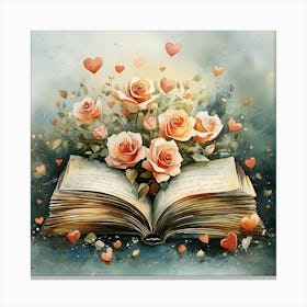 Watercolor Romantic Book Roses Hearts 9 Canvas Print