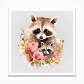 Watercolor Spring Mama And Baby Raccoons Canvas Print