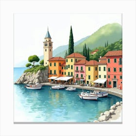 Tranquil Italian Seaside Village In Watercolor, With Boats And Colorful Houses 1 Canvas Print