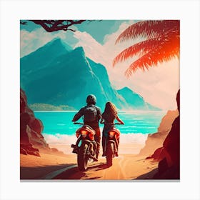 Couple On Motorcycles On The Beach Canvas Print