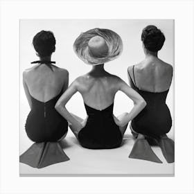 Three Women In Swimsuits, Vintage Fashion Black and White Old Photo Canvas Print