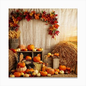 Autumn Harvest Scene Arranged Rustic Style Brimming With Seasonal Abundance Pumpkins Nestled Amon (7) Canvas Print