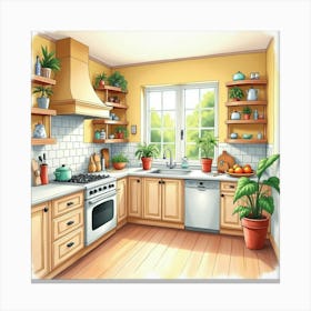 Bright And Elegant Kitchen In Watercolor, Warm Colors 1 Canvas Print