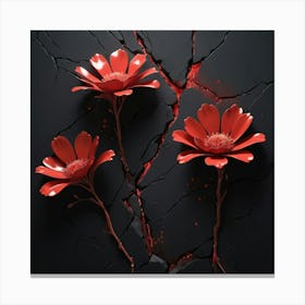 Red Flowers On A Cracked Wall 1 Canvas Print