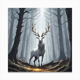 A White Stag In A Fog Forest In Minimalist Style Square Composition 21 Canvas Print