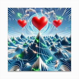 3 Dimensional Mountains With Multiple Green Lightning And White Swirls In A Vortex Of 3 Red Hearts 3 Canvas Print