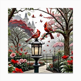 Cardinals In The Garden Canvas Print