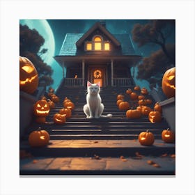 Halloween Cat In Front Of House 17 Canvas Print