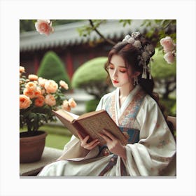 Chinese Woman Reading Book Canvas Print