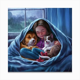 Little Girl With Cat And Dog Canvas Print